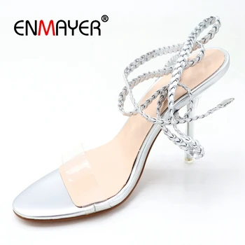 

ENMAYER 2019 New Arrival Women Super High Fashion Solid Sandals Basic Party Lace-Up High Heels Size 34-41 LY2163