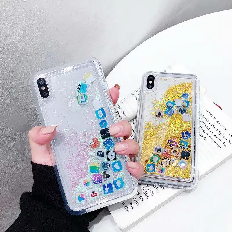 

For Iphone X XR XS Max Stylish Funny Mobile Application Icons Case For Iphone 8 7 6 6S Plus Dynamic Liquid Quicksand Phone Cover
