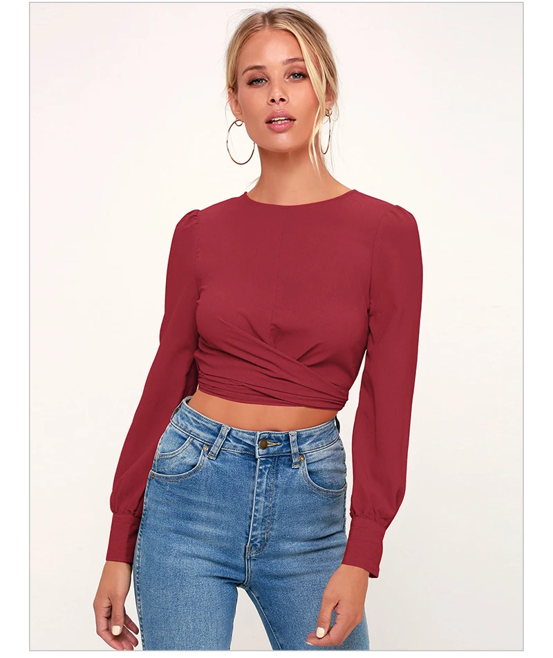 Backless Crop Top Mujer T Shirt Women Sexy Long Sleeve T Shirts Ladies Plus Size Tops Spring Short Tshirt Bandage Solid T-shirt  (19)