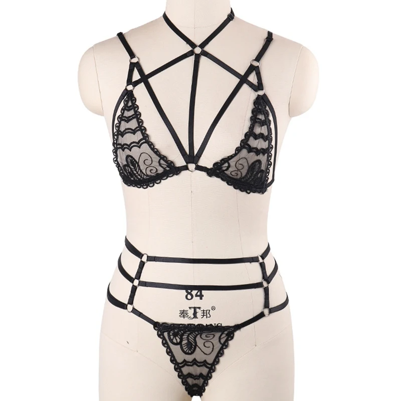 Black O0568 L0031 Связывание жгута проводов кузова Комплект пояса для чулок сексуальный черный кружевной костюм клетка бюстгальтер для Для женщин Эластичный гот фестиваль Бар Rave Косплэй одежда для танцев - Цвет: Black O0568 L0031