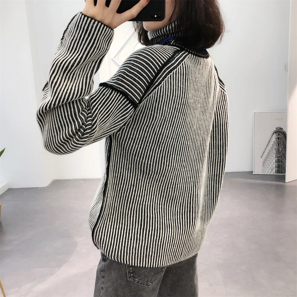 2019 New Autumn Winter High Necked Striped Sweater Long Sleeved Blouse Casual Commuter Sweaters Fashion Women Black Sweater 2019 New Autumn Winter High Necked Striped Sweater Long Sleeved Blouse Casual Commuter Sweaters Fashion Women Black Sweater