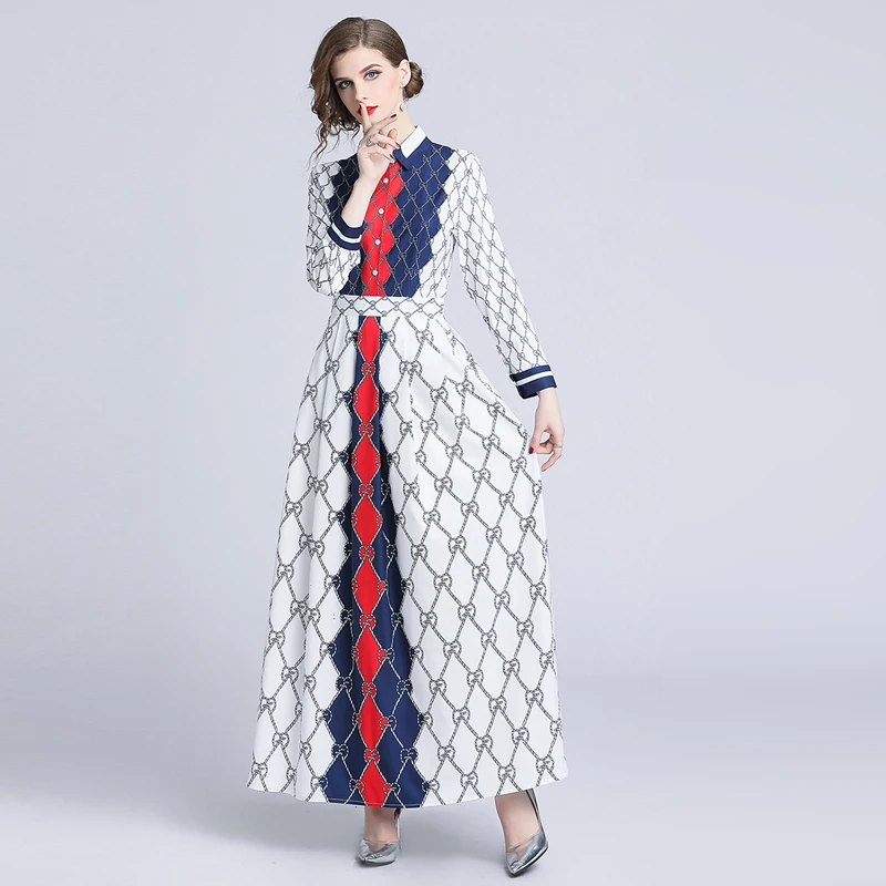 

Women Elegant Dress Celebrity Party Dresses 2019 Spring Women Lapel Long Sleeve Contrast Color Printed Shirt Large Swing Dress