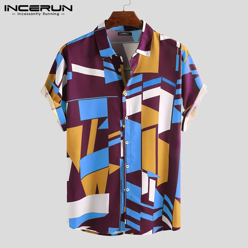 INCERUN Summer Men Beach Shirt Geometric Print Short Sleeve Lapel Neck Button Leisure Hawaiian Shirts Men Streetwear S-5XL