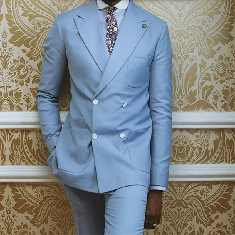 133 Custom Made Mens Double Breasted Light Blue Suits Formal Men Suit Set Men Wedding Groom Formal tuxedos