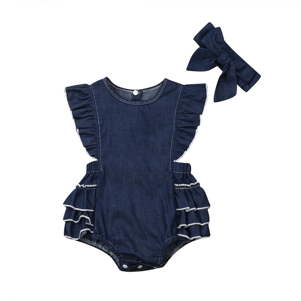 

Fashion Newborn Baby Girl Ruffles Sleeveless Denim Bodysuit Jumpsuit Playsuit Headband 2PCS Outfits Summer Clothes