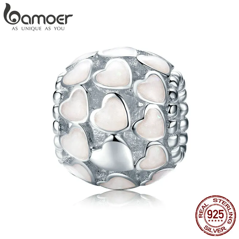 

BAMOER Genuine 925 Sterling Silver Sweet Heart to Heart White Enamel Beads fit Women Bracelet & Necklaces DIY Jewelry SCC805-L
