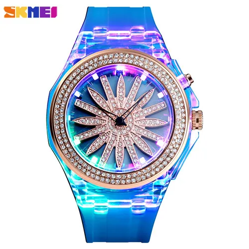 SKMEI креативные красочные кварцевые женские часы с цветочным циферблатом водонепроницаемый светодиодный задний часы с подсветкой женские наручные часы Relogio Feminino - Цвет: Blue