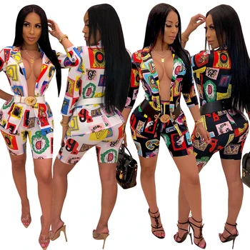 

Women Two Piece Sets Half Sleeve Turn-Down Collar Suit Jacket Coat +Knee Length Pencil Pants Lady Bodycon Print Suits Outfits