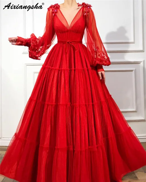 Vestidos элегантное Красное длинное вечернее платье кружевное платье трапециевидной формы с v-образным вырезом и рукавами длиной до пола вечернее официальное платье платья для выпускного вечера - Цвет: Красный