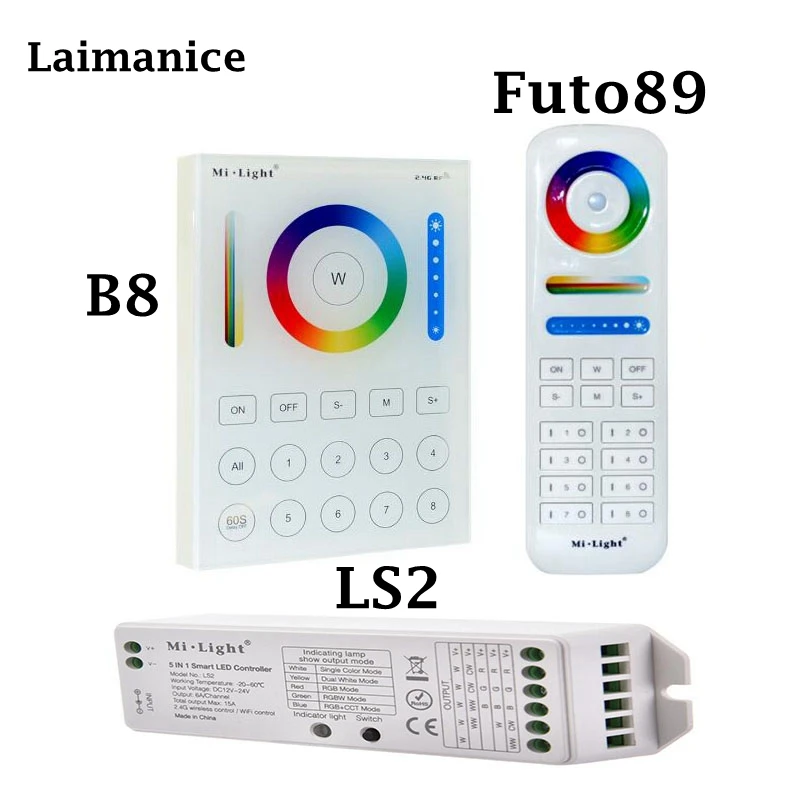 

B8 Wall-mounted Touch Panel;FUT089 8 Zone remote RF dimmer;LS2 5IN 1smart led controller for RGB+CCT led strip MiLight
