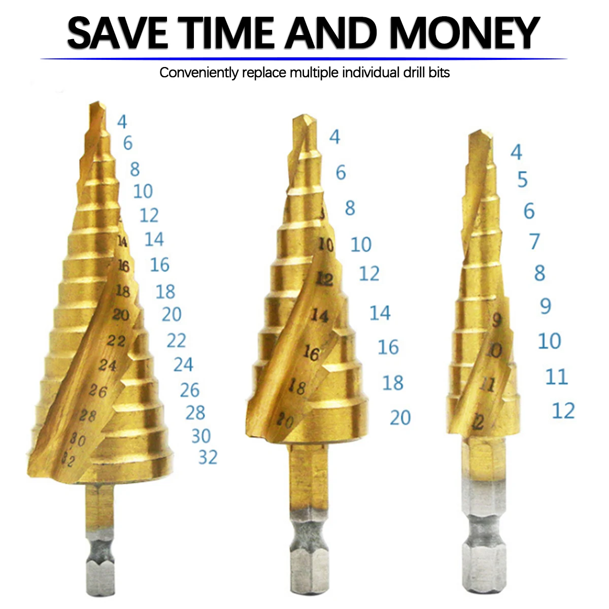 

Metric Spiral Flute The Pagoda Shape Hole Cutter 4-12/20/32mm HSS Steel Cone Drill Bit Set HSS Steel Step Sharpening