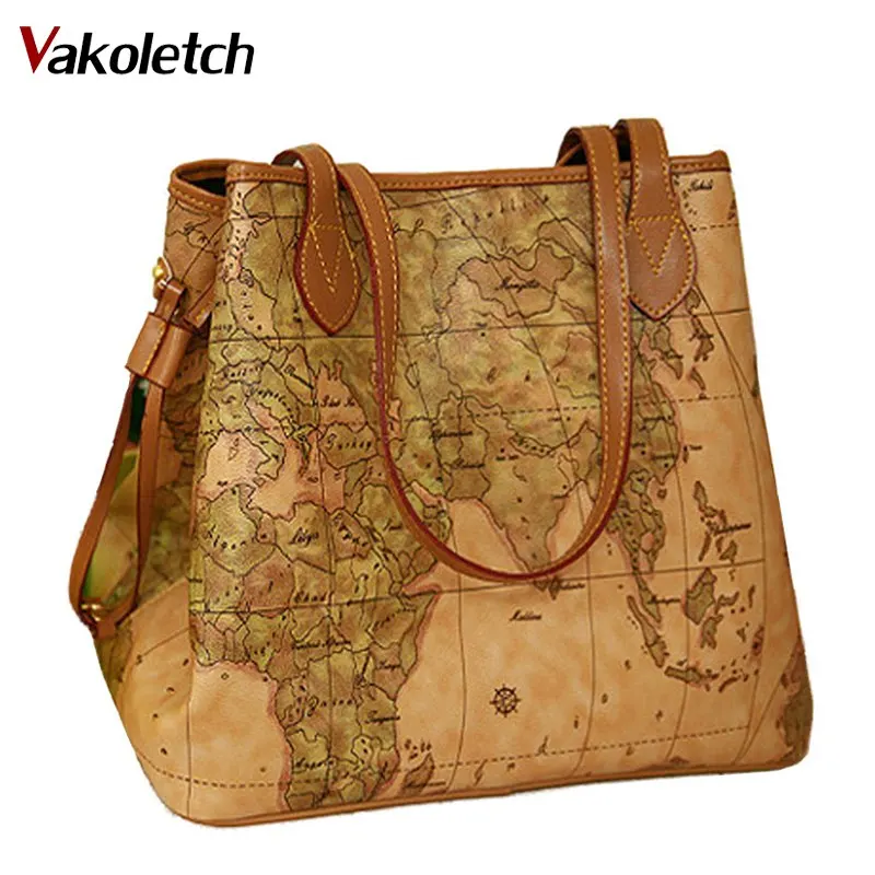 Bolsas de Couro do Plutônio do Vintage Bolsa das Senhoras Bolsa de Ombro Impressão Mapa Nova Marca Famosa Bolsas Femininas W16-86