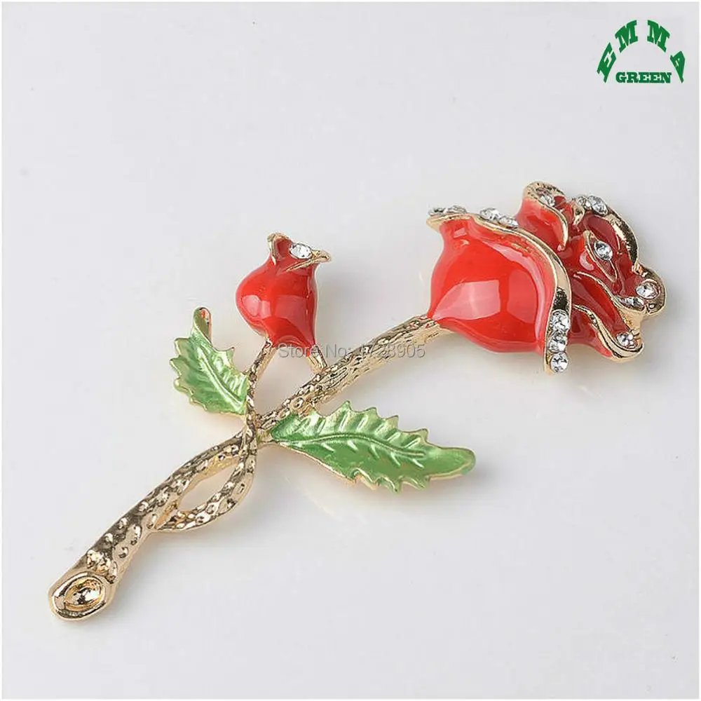 Crystal Rose Red Enameled Branch Roses Flower Charm Pendants 81x35mm 3pcs big Gold Color Wedding Bridal Hair Accessories Making