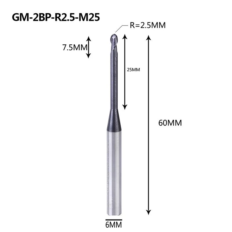 GM-2BP R1.0-R2.5 твердосплавная Концевая фреза 2 флейты с круглым носом и длинной шеей с коротким отрезным краем с покрытием фрезерный станок с ЧПУ режущие инструменты - Длина режущей кромки: GM-2BP-R2.5-M25