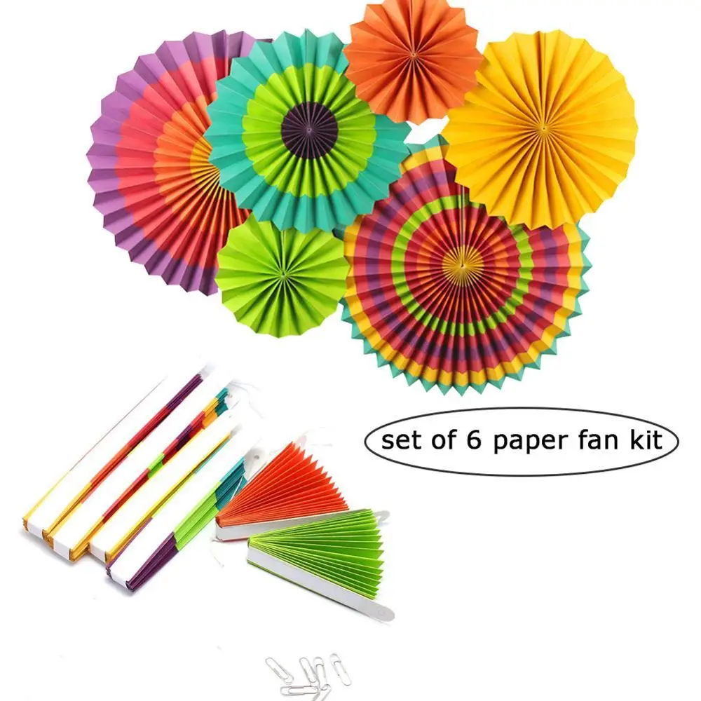 

6pcs Paper Fans Set Rainbow Color Birthday Baby Shower Festival Wedding Hanging Photo Props Pleated Decor Hot Sale