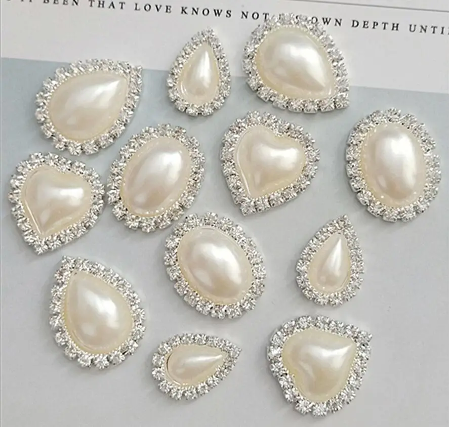 

50pcs Heart/Oval/Water Flatback Rhinestone Crystal & Ivory Pearl Cluster Button For Ribbon Scrapbook Craft Hair Bow Decorartion