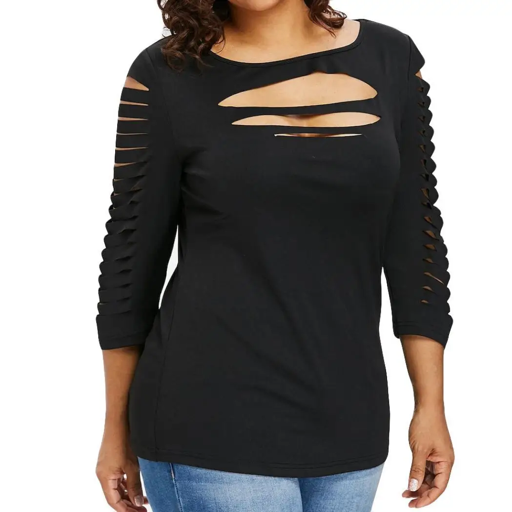 

Plus Size Long Sleeve O-neck Casual Women T-shirt Solid Sexy Mesh Tops Tshirt Gothic Hollow Out Woman Clothes 4XL