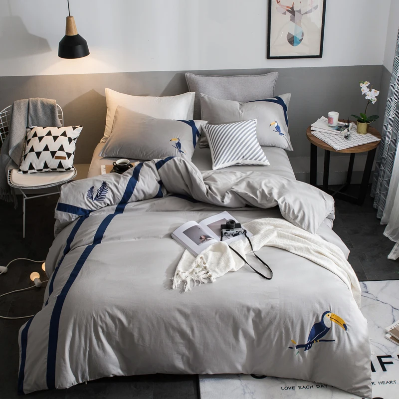 

Gray+Blue Vertical Solid Color Toucan Pattern 3/4 Pcs Duvet Cover Flat Bed Sheets +Pillowcase Queen Size Cotton Bedding Set Soft