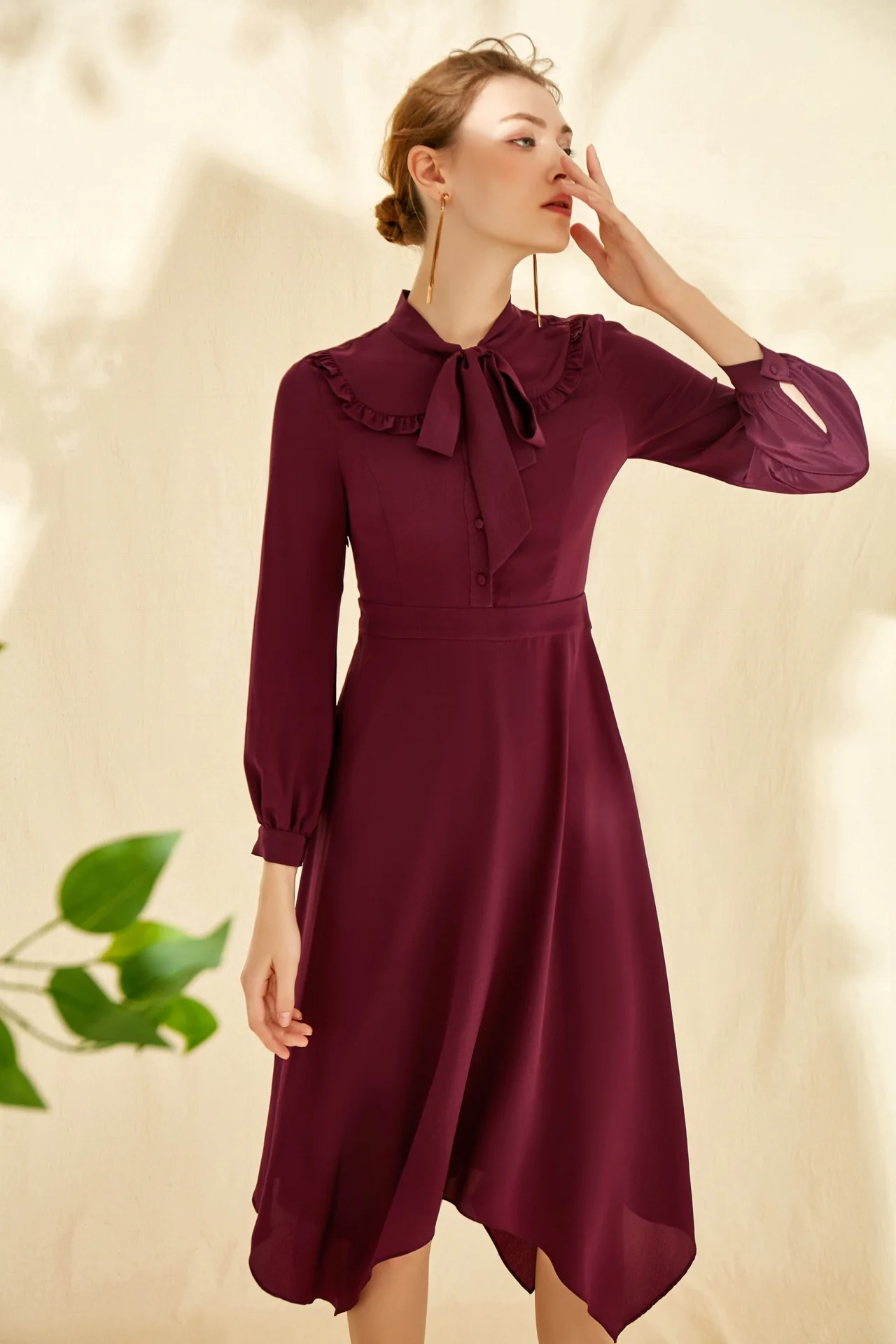 

2019 New 100% Silk Vintage Solid Bow 1 Color 4 Size Women's Dresses
