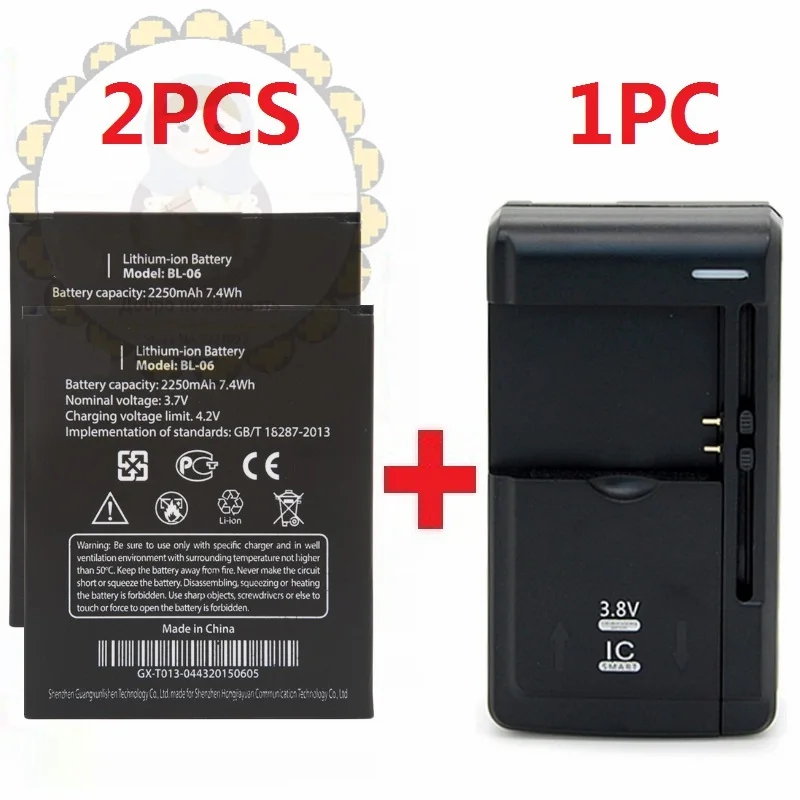 

1PCS Universal Charger + 2PCS New 2250mAh BL-06 Battery for THL T6 Pro THL T6C Cell Phone BL06 mobile phone +Track Code