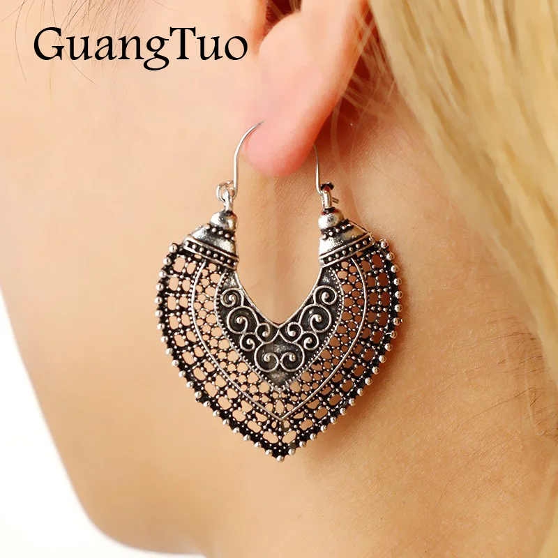 

EK857 Hot Ethnic Vintage Jewelry Carving Hollow Gypsy Big Heart Dangle Drop Earrings For Women Aros Pendientes Mujer Brincos