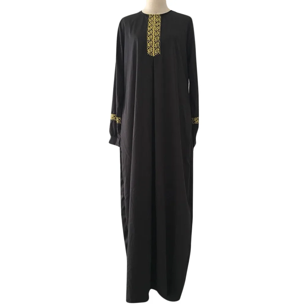 Модное летнее женское платье плюс Размеры S-L5 Повседневное свободные сплошной длинный рукав, мусульманский Повседневное платье Макси Кафтан длинное платье 28