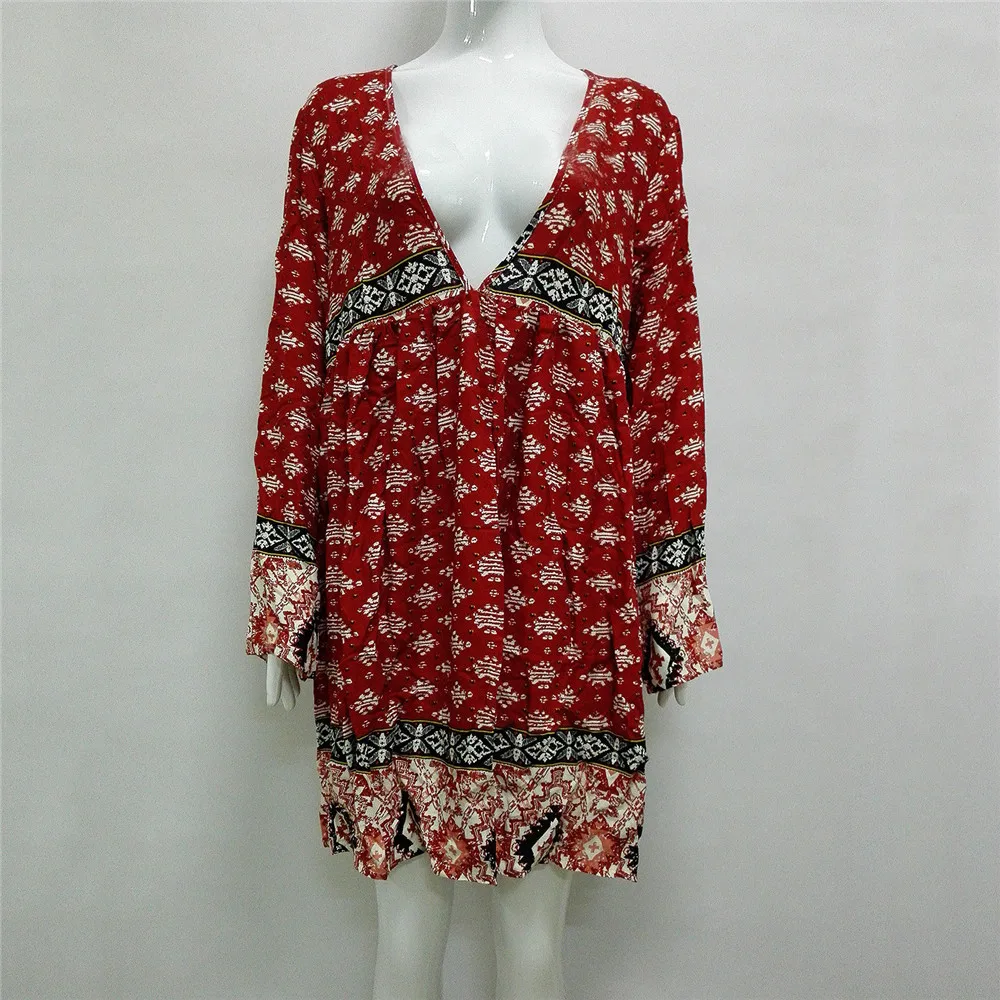Autumn Sexy Deep V neck Beach dress For Women Boho Long Sleeve Printed Dress Women Beach Sundress Casual Women's Dresses Female (17)