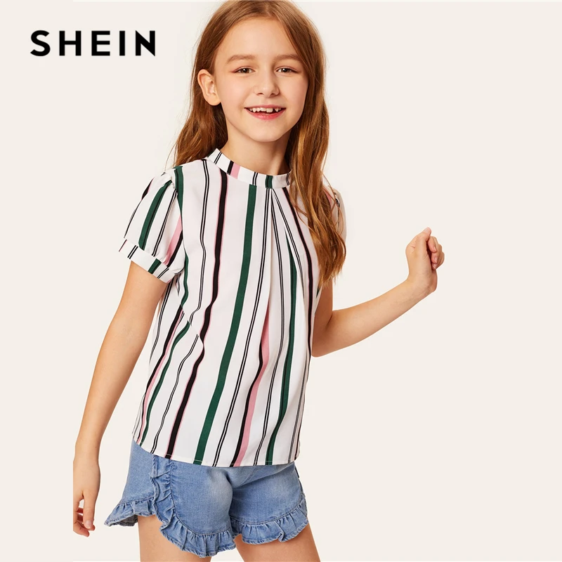 SHEIN/Повседневная плиссированная блузка в полоску для девочек; топы для подростков; коллекция года; сезон лето; блузка с отворачивающимися рукавами и пуговицами сзади; рубашки