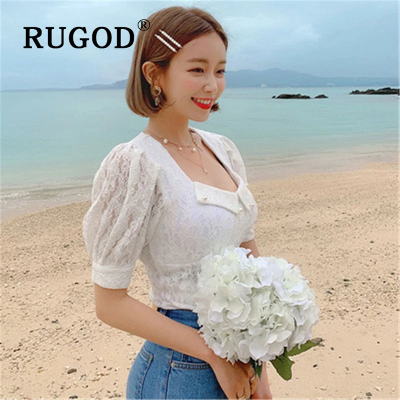 RUGOD элегантные кружевные жемчужные бисероплетенные женские блузки корейские шикарные пышные рукава тонкие женские рубашки Винтажные белые летние блузки с v-образным вырезом