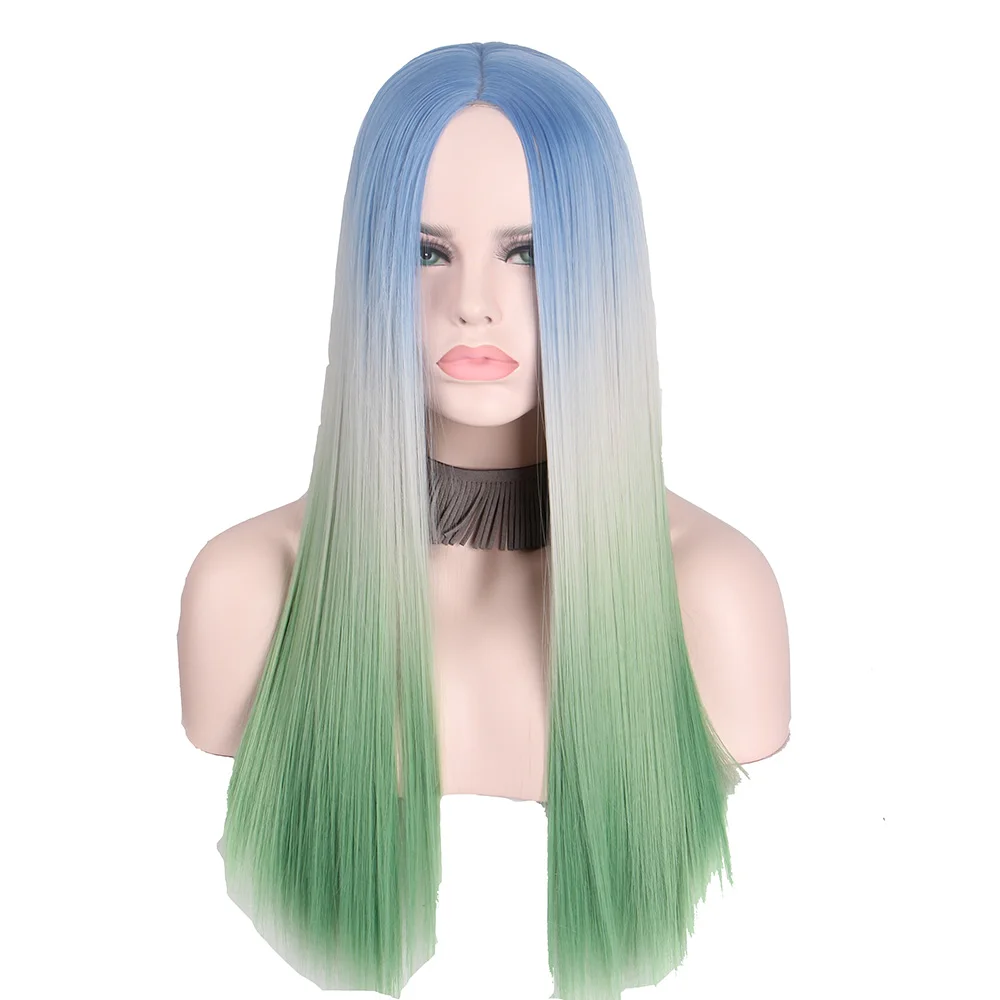 Anxin Wig Straight Long Gradient 3 Colored Blue White Green