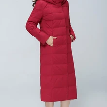 Женский зимний пуховик, длинный пуховик, размер pius, белый утиный пух, с капюшоном, толстый, полный, тонкий