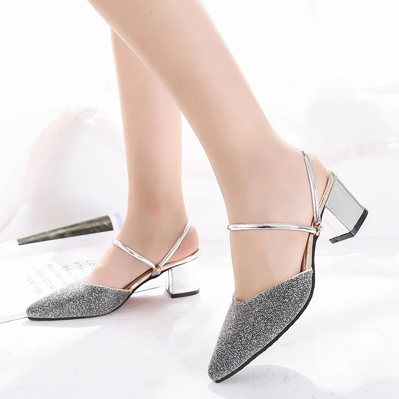 

Large size fashion thick with baotou half slippers new versatile pointed large size high heels two wear women's sandals