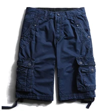 Лето Новое поступление Карго короткие мужская из чистого хлопка твердые середины талии высокого качества повседневные Большие размеры мульти-карман мужские шорты
