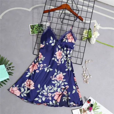 navy blue dress Daeyard женские пижамы Шелковый Цветочный комбинезон с принтом 5 шт. пижамный комплект атласная пижама сексуальная пижама с кружевами Ночная Рубашка домашняя одежда - Цвет: navy blue dress
