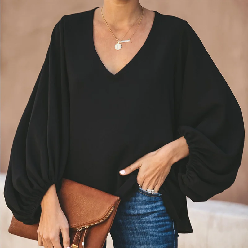 Chiffon V Neck Women's Blouse Tops Lantern Long Sleeve Plain Loose Summer Ladies Pullover 2020 Oversized Elegant Female Blouses Chiffon V Neck Women's Blouse Tops Lantern Long Sleeve Plain Loose Summer Ladies Pullover 2020 Oversized Elegant Female Blouses