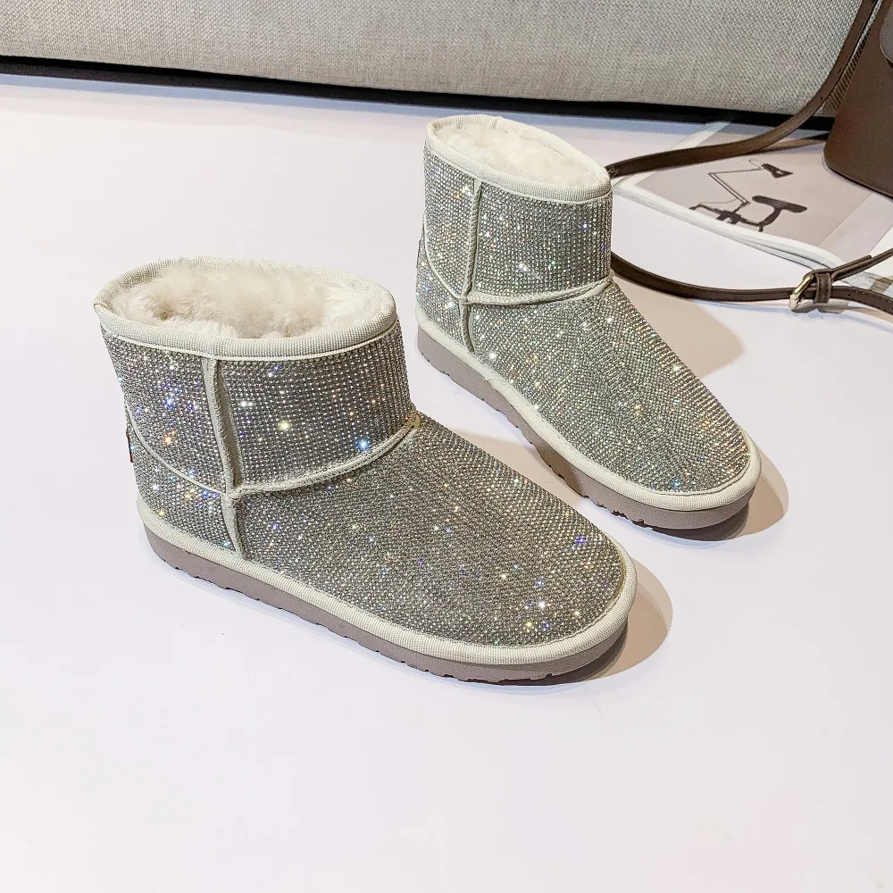 

Brand Luxury All Crystal Women Winter Warm Short Boots Antiskid Outsole Lady Snow Boots Shiny Brand Ankle Boots Size 40