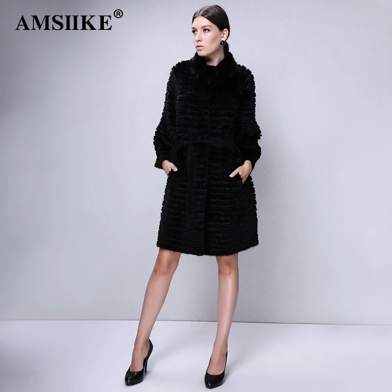 

AMSIIKE Women Fur Coat Real Mink Fur With Rex Rabbit Fur Overcoat Winter Knitted Lining Warm Natural Fur Coat TD101 XL-5XL