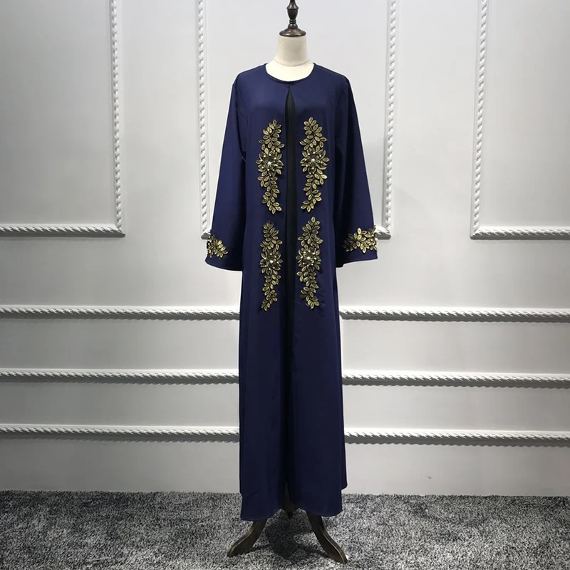 Muslim Abaya Embroidery Floral Maxi Dress Pearl Long Robe Gowns Kimono