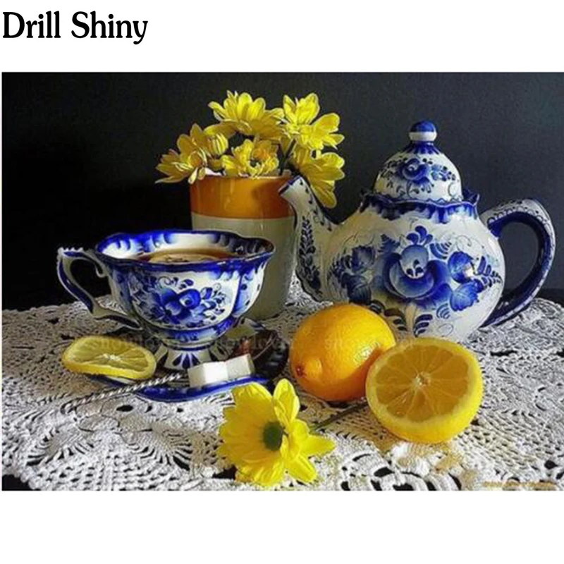 Lemon tea pot flowers diamont painting cross stitch full diamond embroidery wedding decoration square christmas gift FC023 | Дом и сад