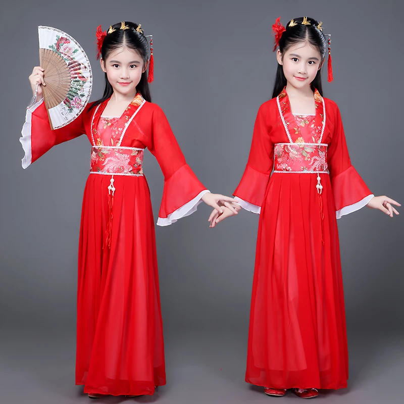 

Long Flare Sleeve Chinese Han Dynasty Fairy Halloween Dress Girls New Year Costumes for Girls Gown Party Dress Green Red Pink