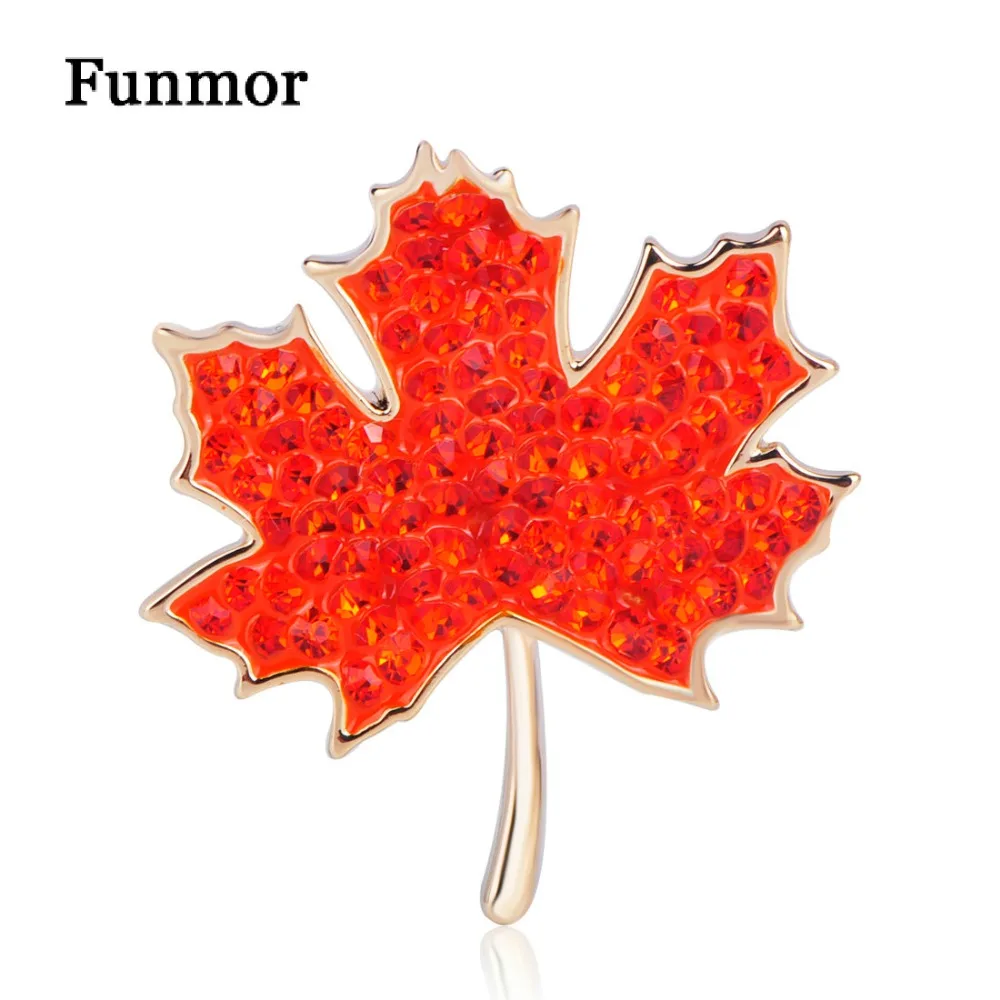 

FUNMOR Full Red Crystal Maple Leaf Shape Brooches For Women Men Autumn Cardigan Blouse Decoration Enamel Plant Lapel Pins Brooch