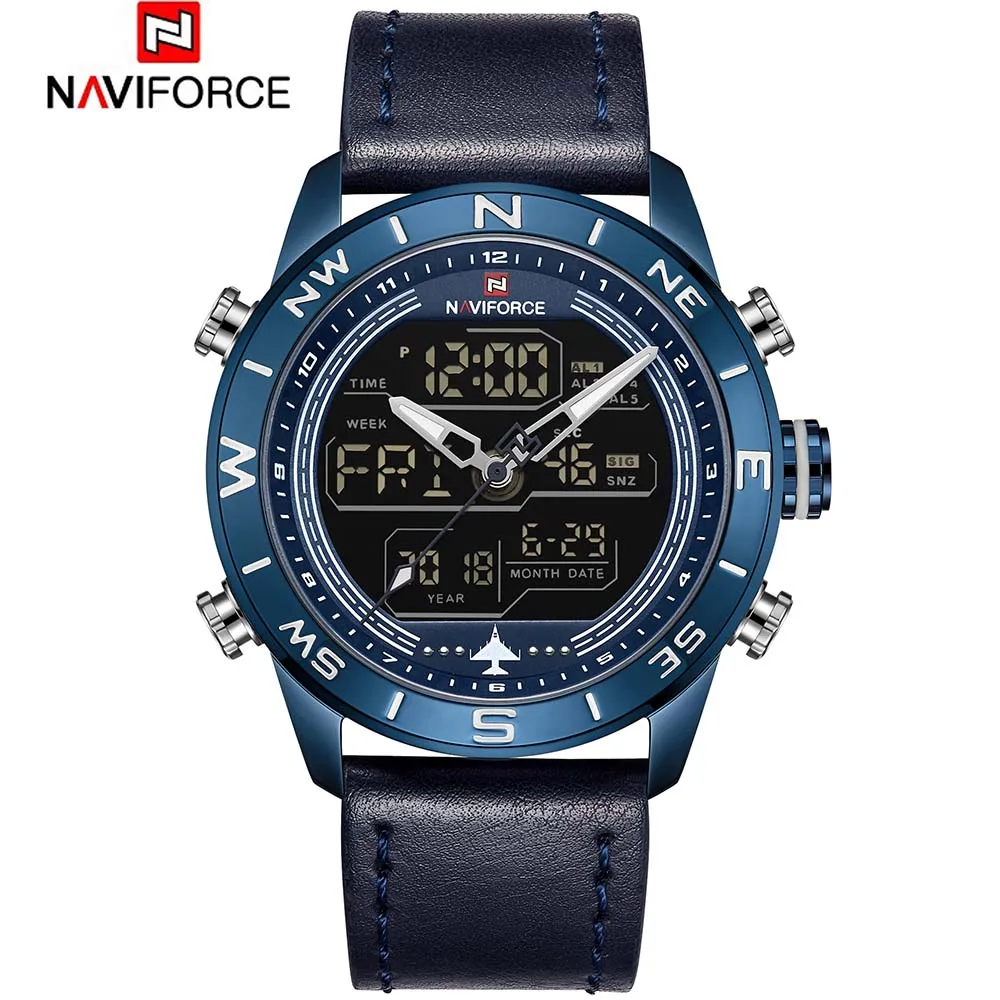 9144 мужские часы NAVIFORCE, кварцевые, светодиодный, цифровые, спортивные часы, мужские часы, кожа, для улицы, водонепроницаемые, армейские, военные, наручные часы - Цвет: Синий