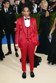 

Latest Coat Pant Designs Red Satin Men Suit Groom Suits Slim Fit Custom 3 Piece Stylish Tuxedo Prom Blazer Terno Masculino