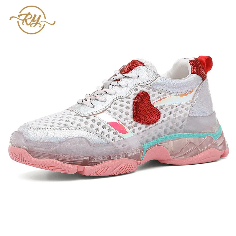 

RY-relaa fashion women's shoes 2019 summer new leather love sequins casual sports shoes mesh breathable running shoes