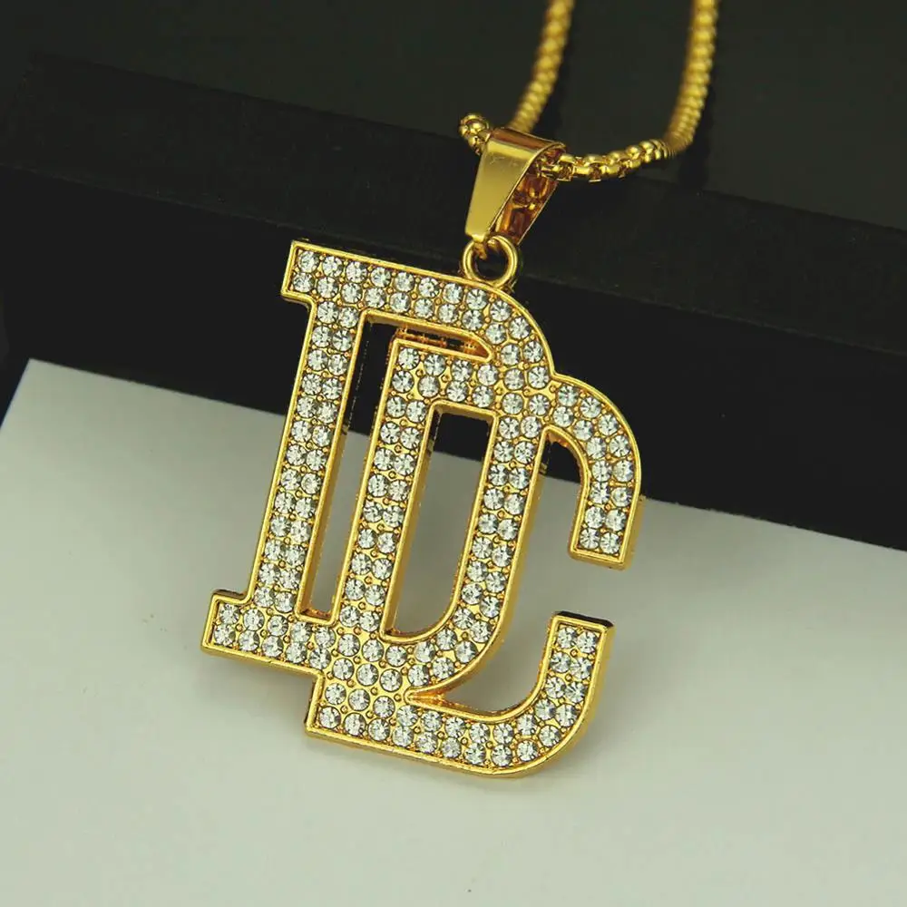 

New Arrival Full Rhinestone DC Colgante Hombre Letter CZ Necklace Gold Women's Chain Kolye Bayan Hip Hop Bijuteria