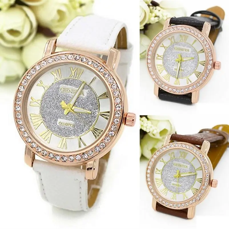 

2016 Newest FashionGeneva Women Faux Leather Rhinestone Crystal Analog Quartz Wrist Watch Freeshipping & Wholesale