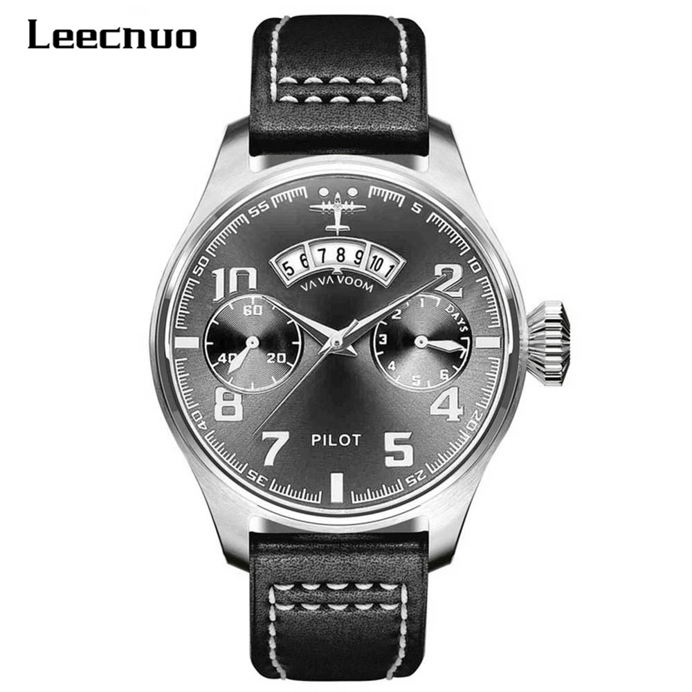 

Leecnuo Men's Sports Watch Pilot Leather Strap Wrist Watch Simple Waterproof Watch Business Quartz Watches with Calendar
