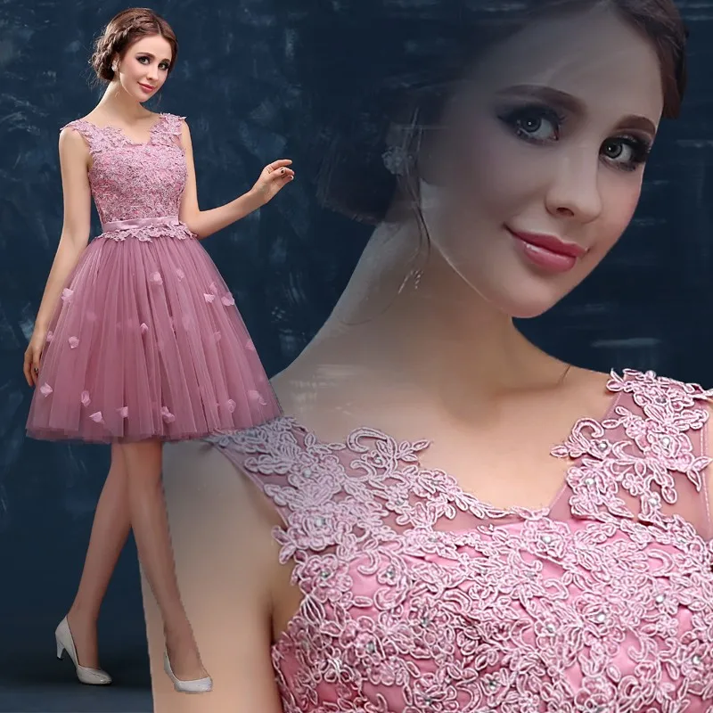 Rosa-Vestidos-de-Baile-2015-Novo-Chegada-A-Noiva-Banquete-Doce-Lace-Bordados-Beading-Curto-Mini (2)