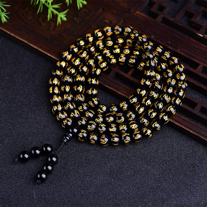 

Natural Obsidian Six Words Bronzing 108 Beads Bracelet Fashion Jewelry With Many Layers Stretch Bracelets&Bangle For Men Women