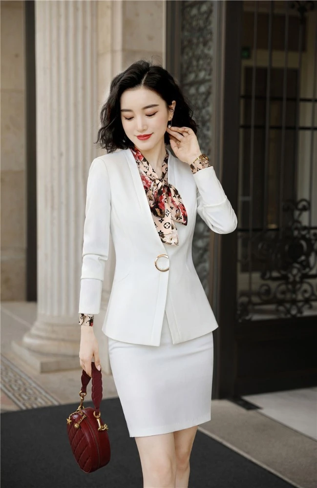 Conjunto de chaqueta y falda para mujer, traje Formal negocios, ropa profesional, color blanco, novedad, otoño e invierno, con falda| - AliExpress